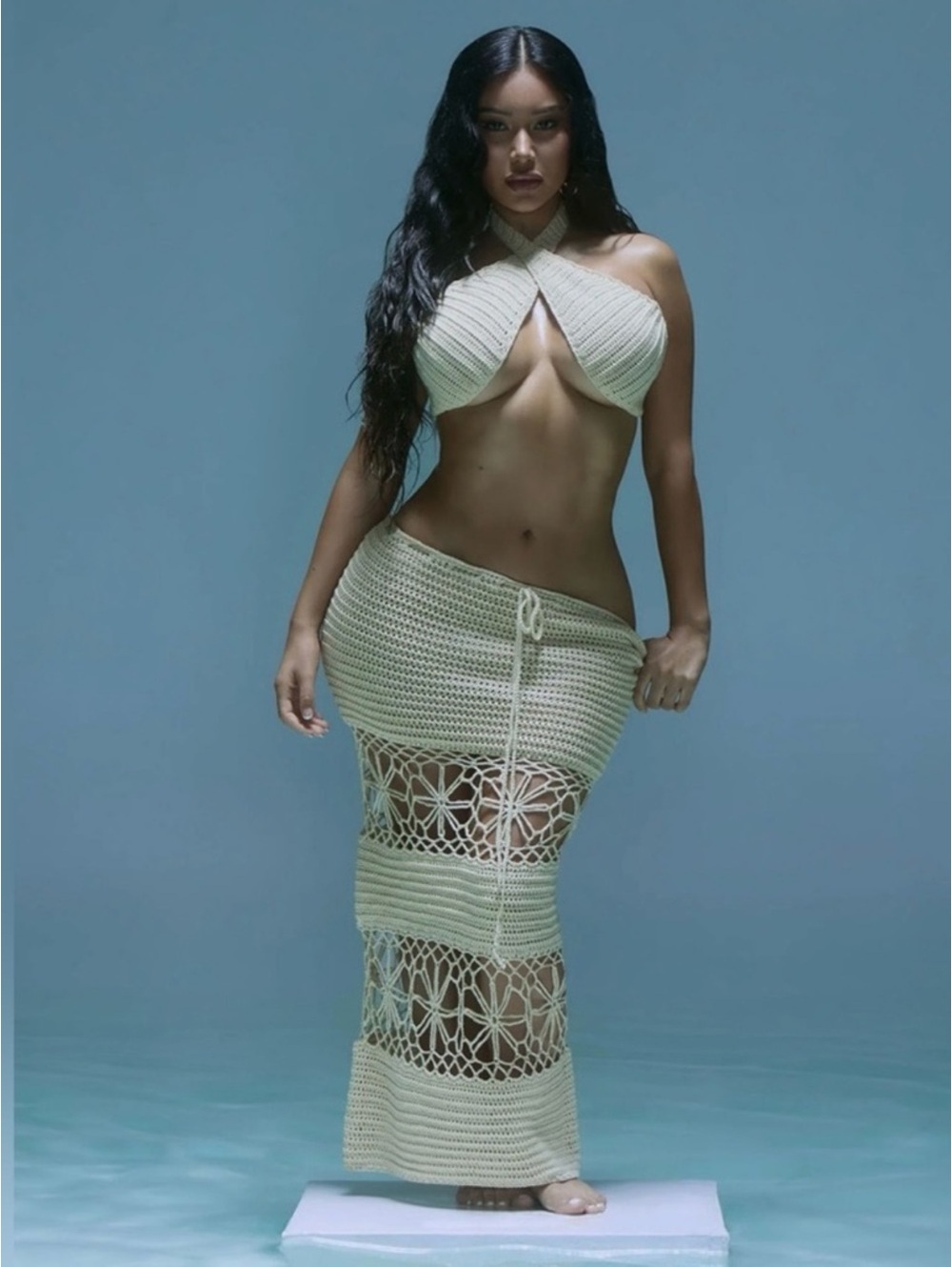 Fashion Nova Palm Beach Crochet Halter Top & Maxi Skirt Cover Set - Cream